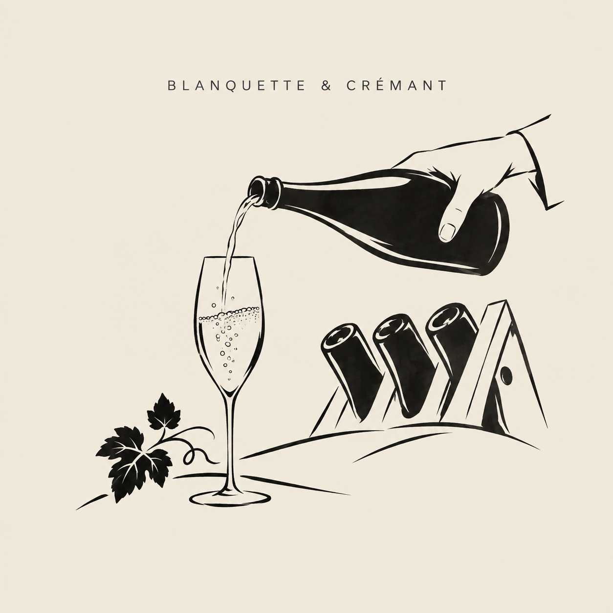 Illustration of sparkling wine poured into a flute, with bottles in a riddling rack